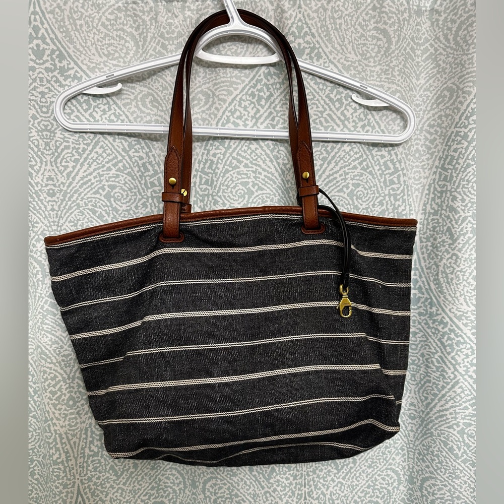 Pre Loved Fossil Striped Fabric Tote